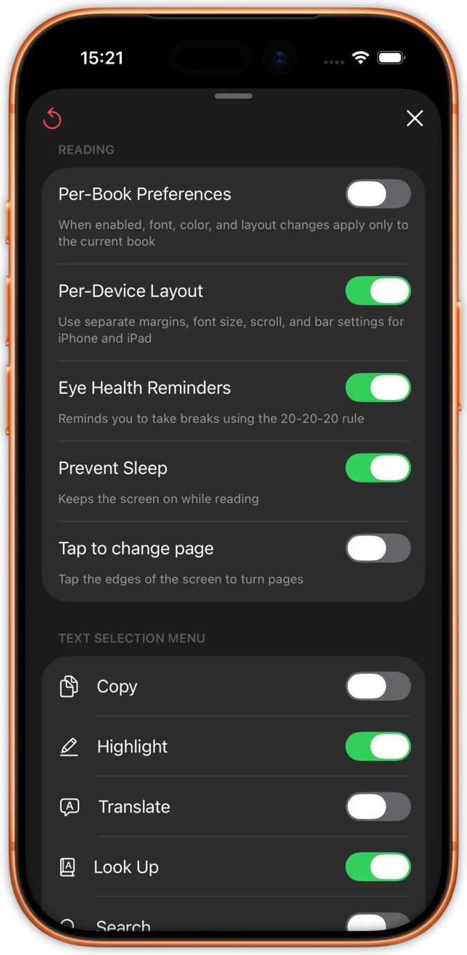 justRead Reading settings with per-book preferences, eye health reminders, and text selection menu toggles