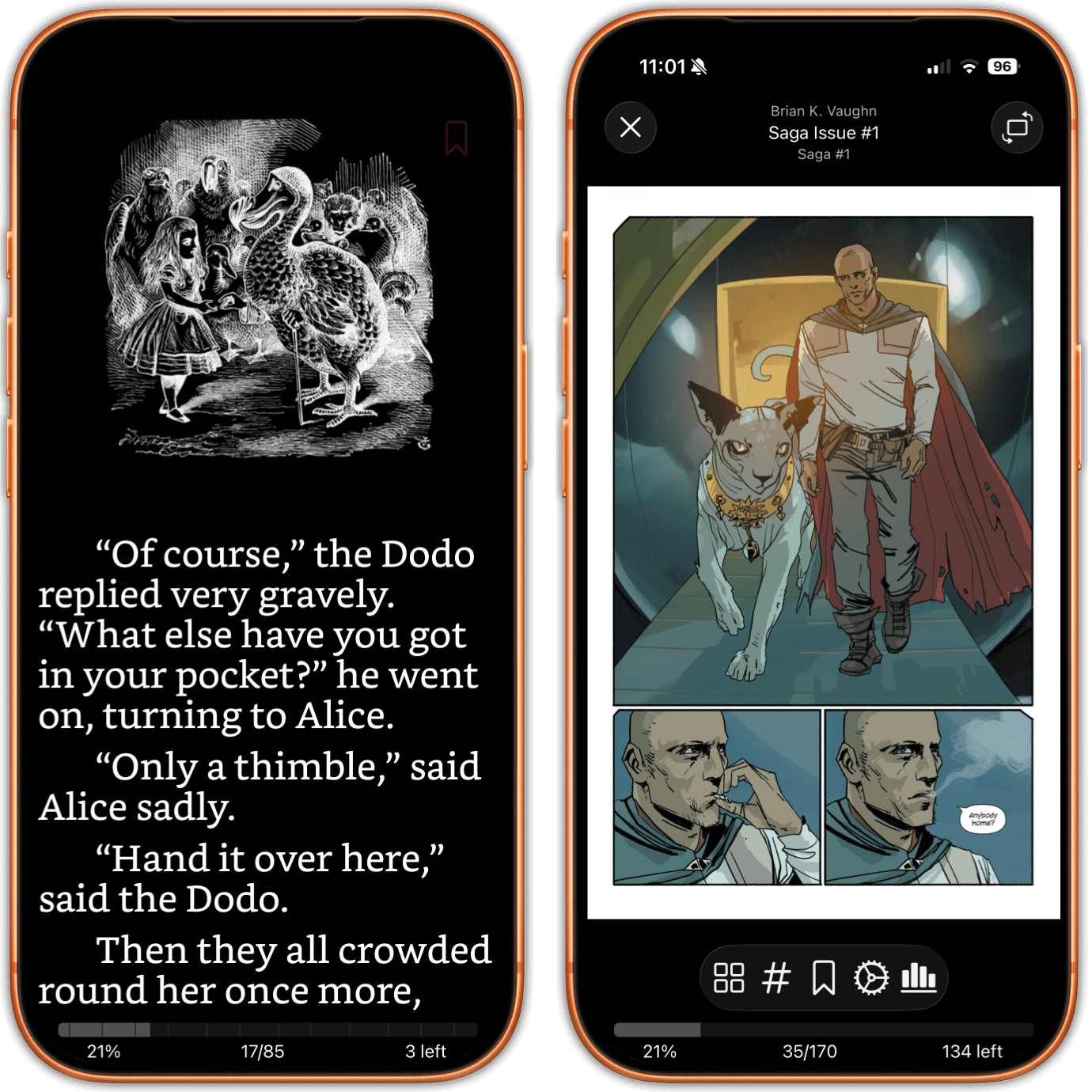 Dva telefony iPhone vedle sebe, vlevo otevřený román a vpravo stránka komiksu s komiksovým panelem nástrojů a číslem stránky.