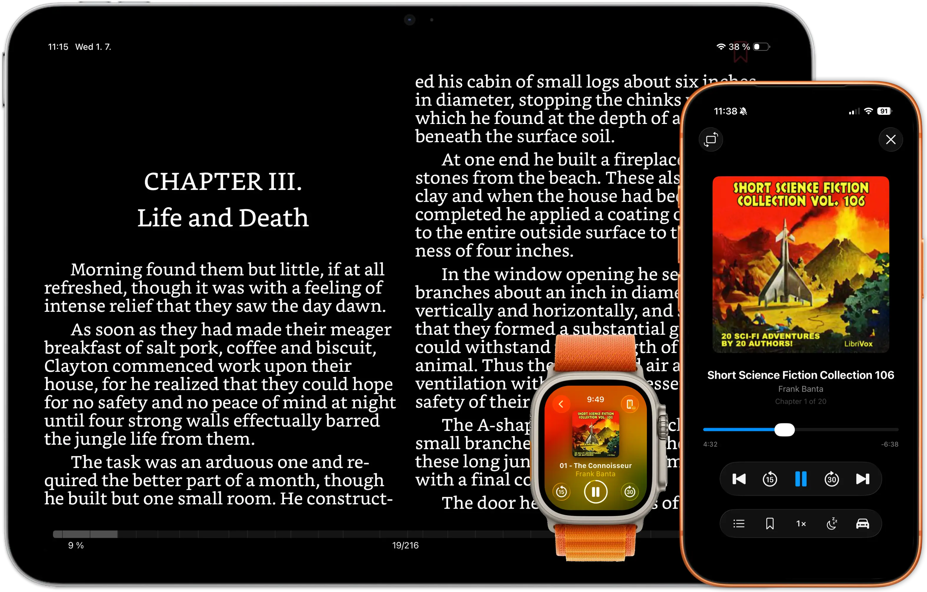 iPad, iPhone e Apple Watch che mostrano lo stesso libro sincronizzato su più dispositivi per leggere e ascoltare.