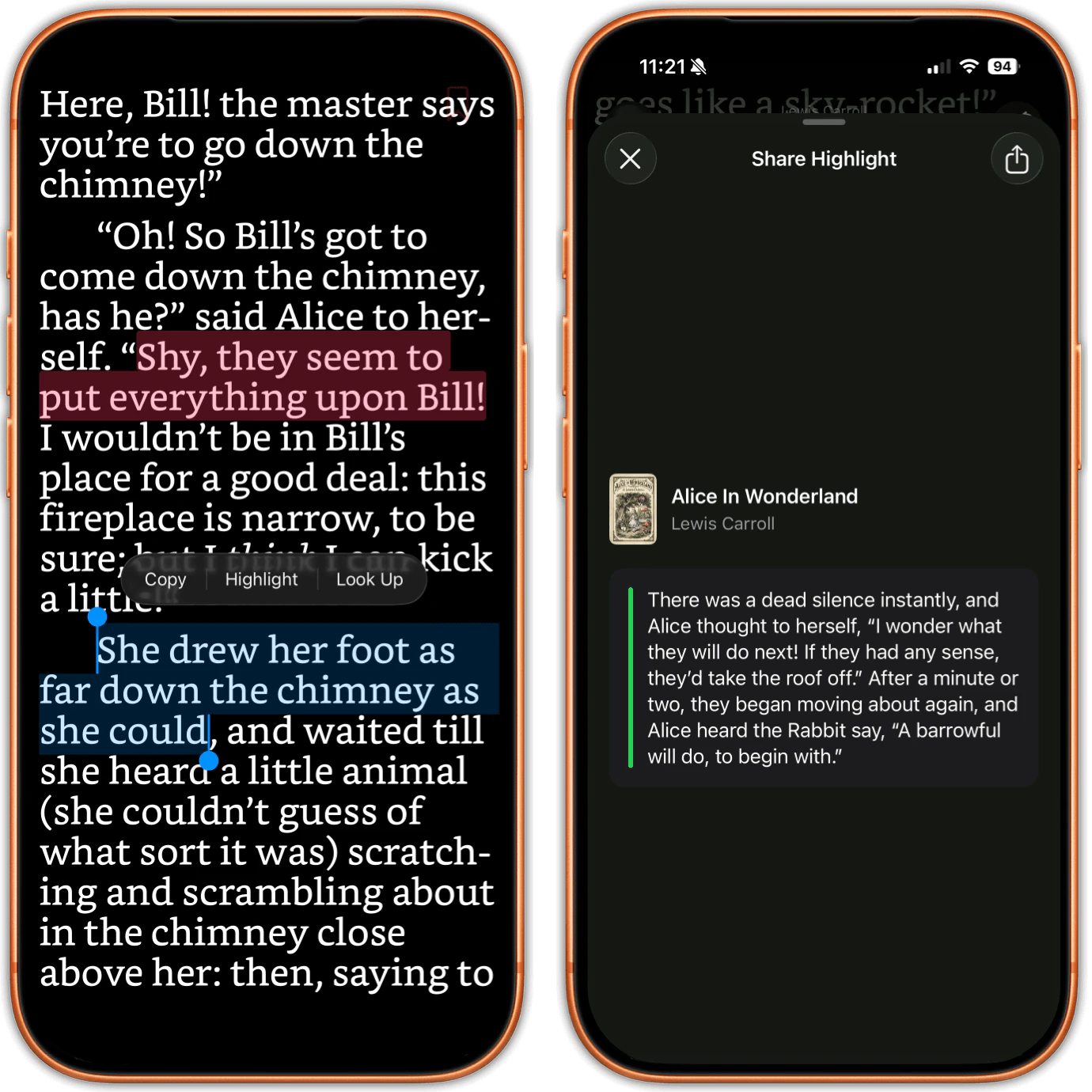 Dva telefony iPhone. Na jednom je vybraná věta s otevřenou nabídkou Kopírovat, Zvýraznit a Look Up a na téže stránce jsou dvě dřívější zvýraznění v různých barvách. Na druhém karta formátuje jedno zvýraznění ke sdílení.