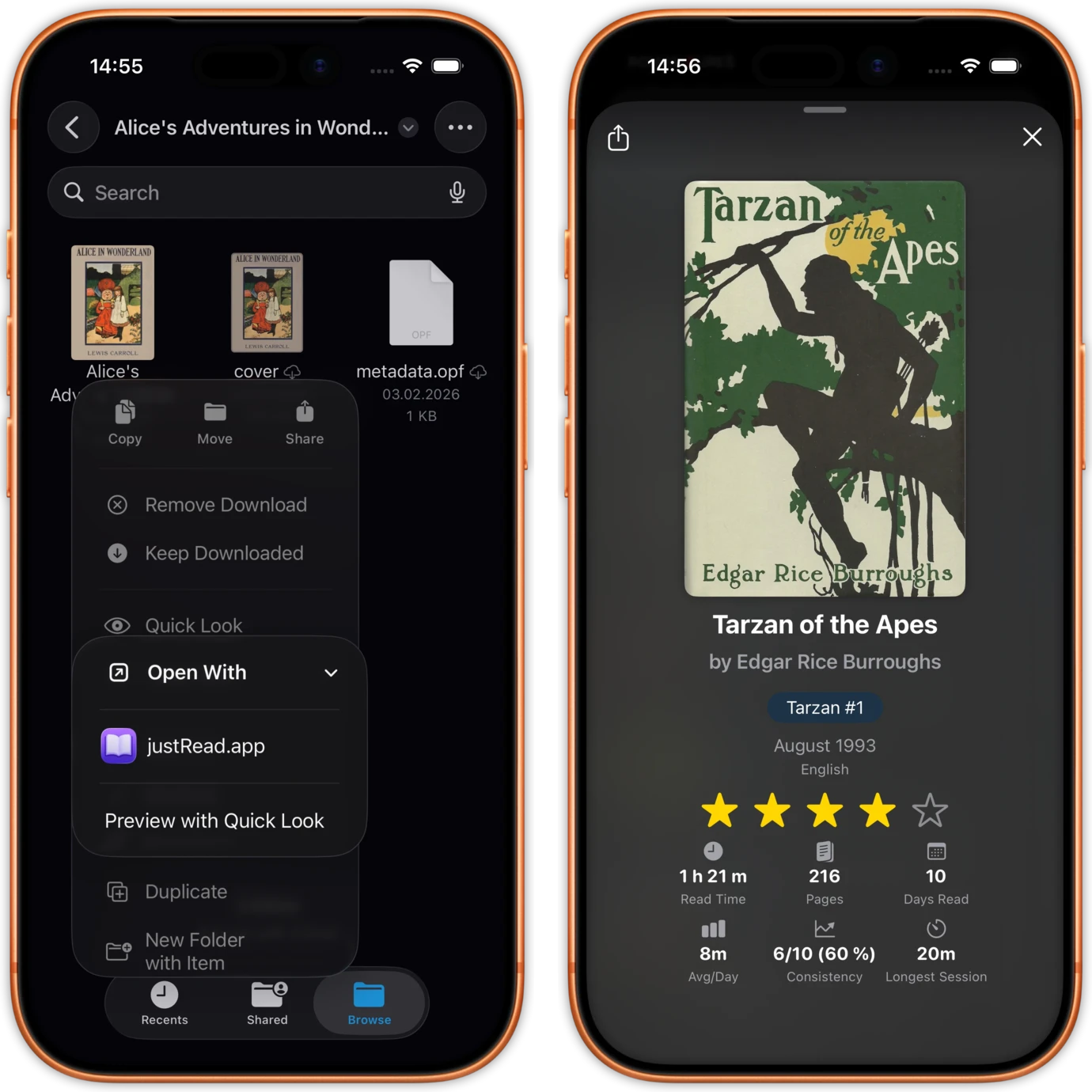 iOS toolbar with reading controls and chapter navigation in JustRead app