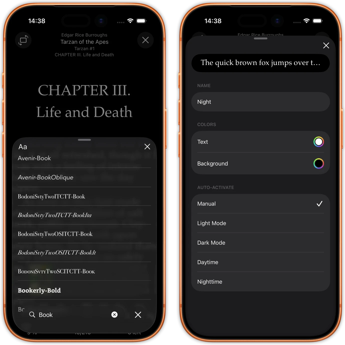 Dark mode reading display with custom color schemes and typography settings