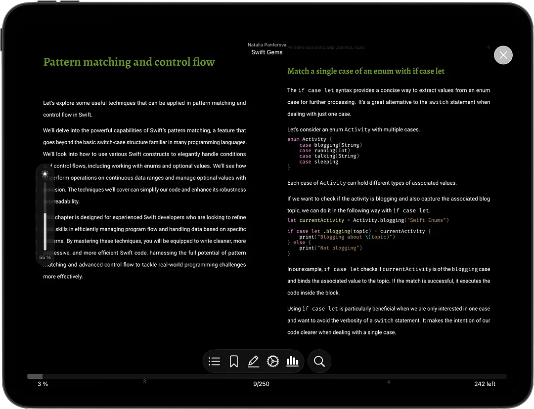 justRead showing PDF reading in inverted dark mode