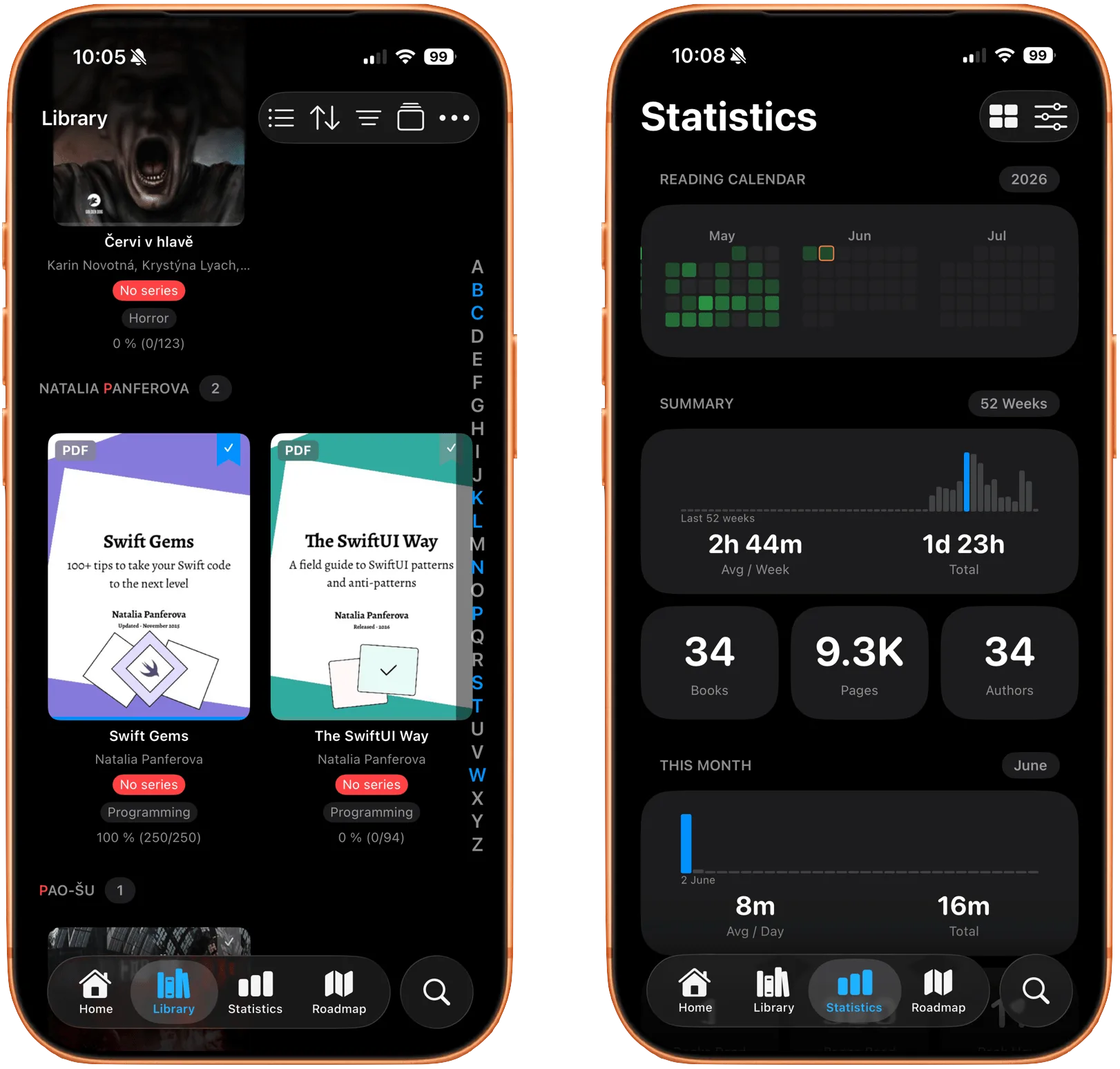 justRead on iPhone showing PDF in library and statistics