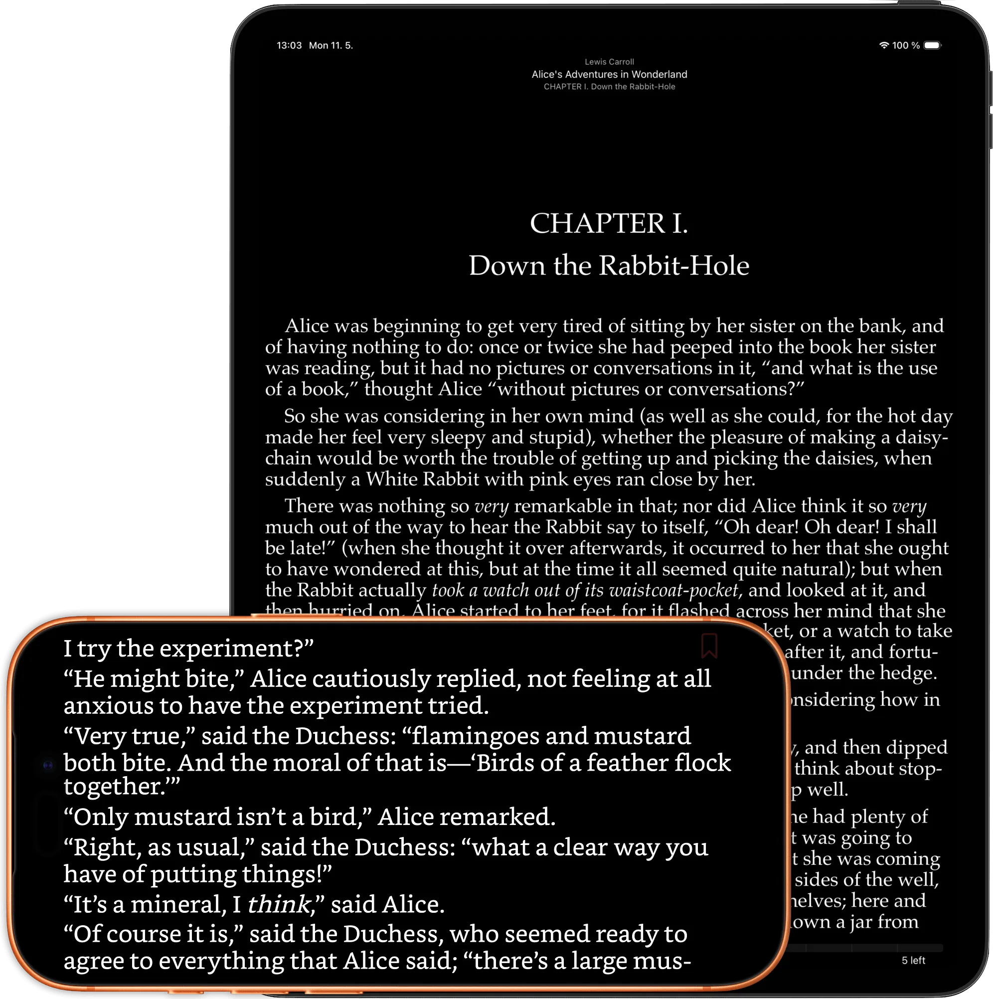 justRead.app on iPhone and iPad, dark mode, sync enabled.