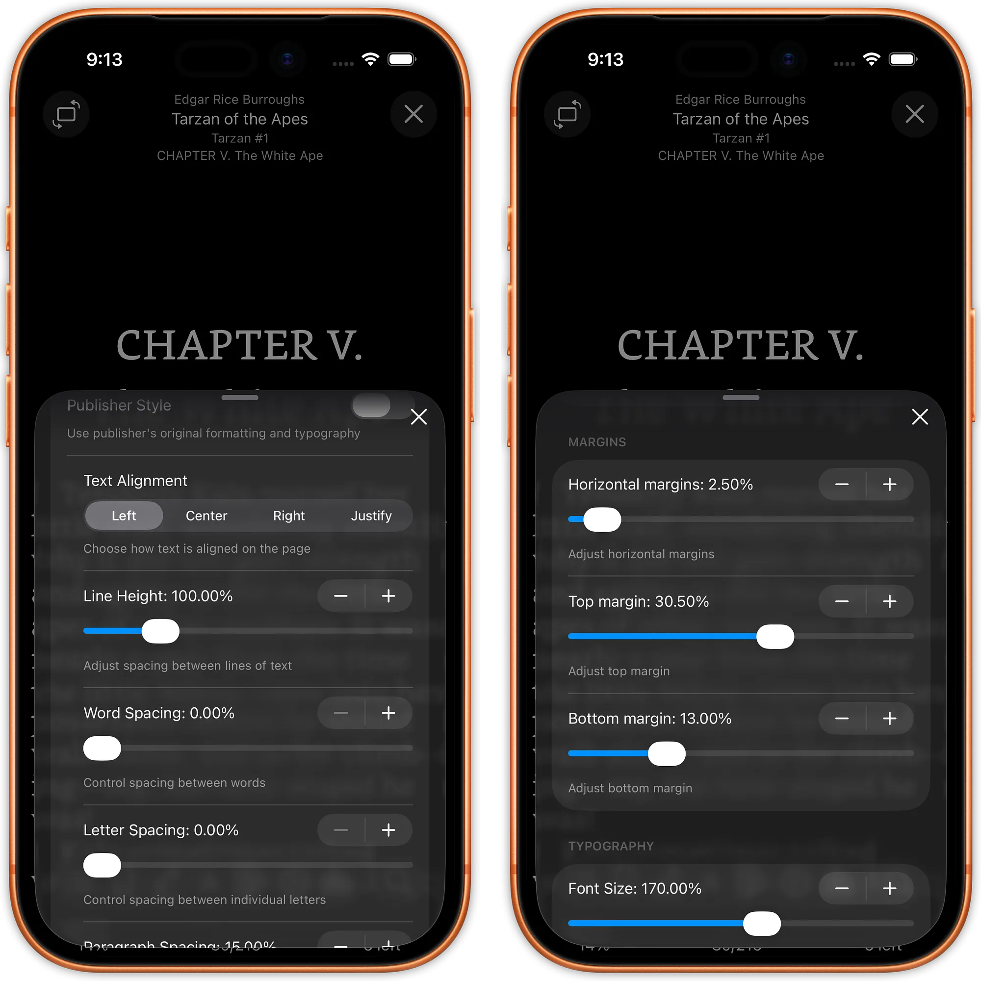 justRead.app typography settings.