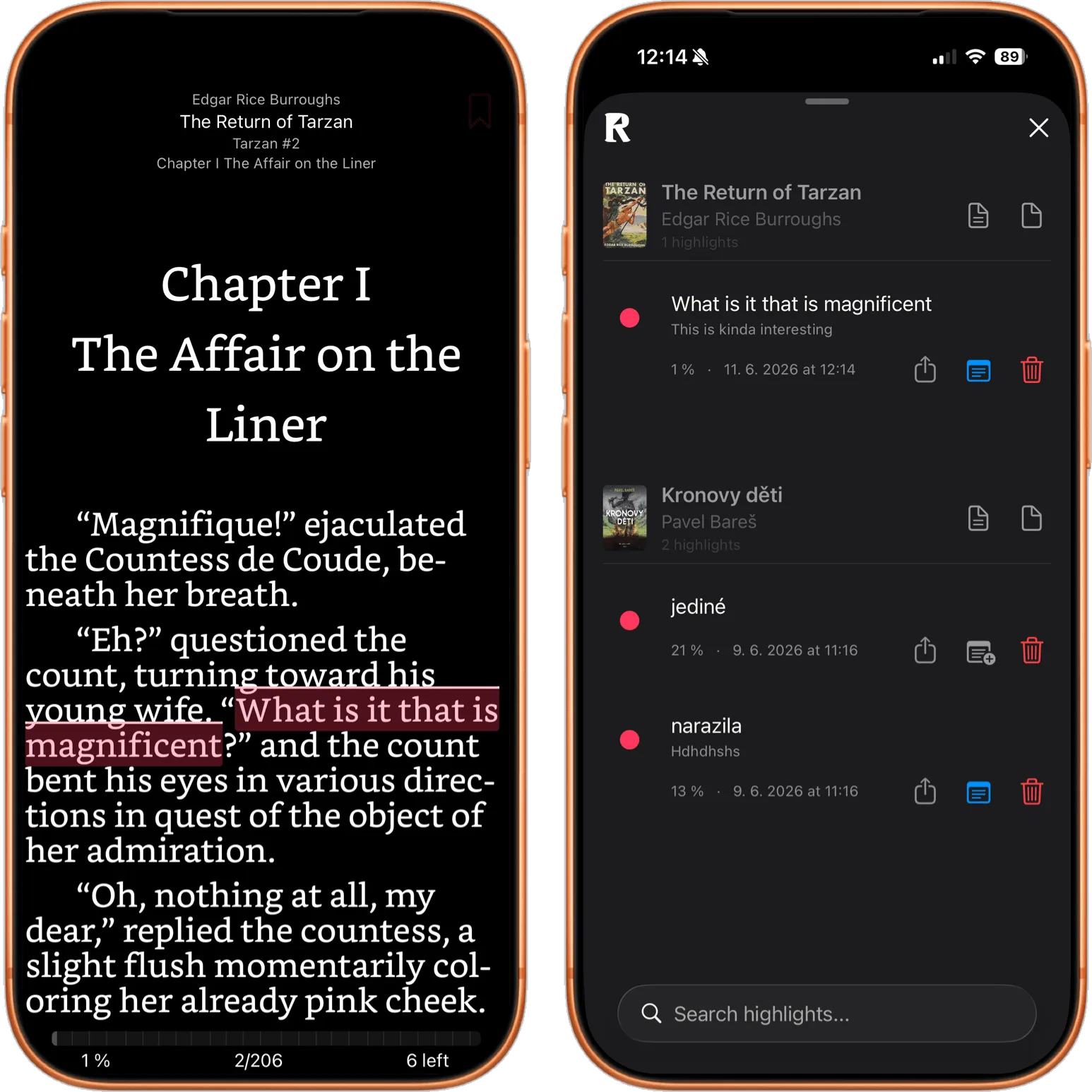 justRead.app showing highlights which you can export to PDF, MD and Readwise.