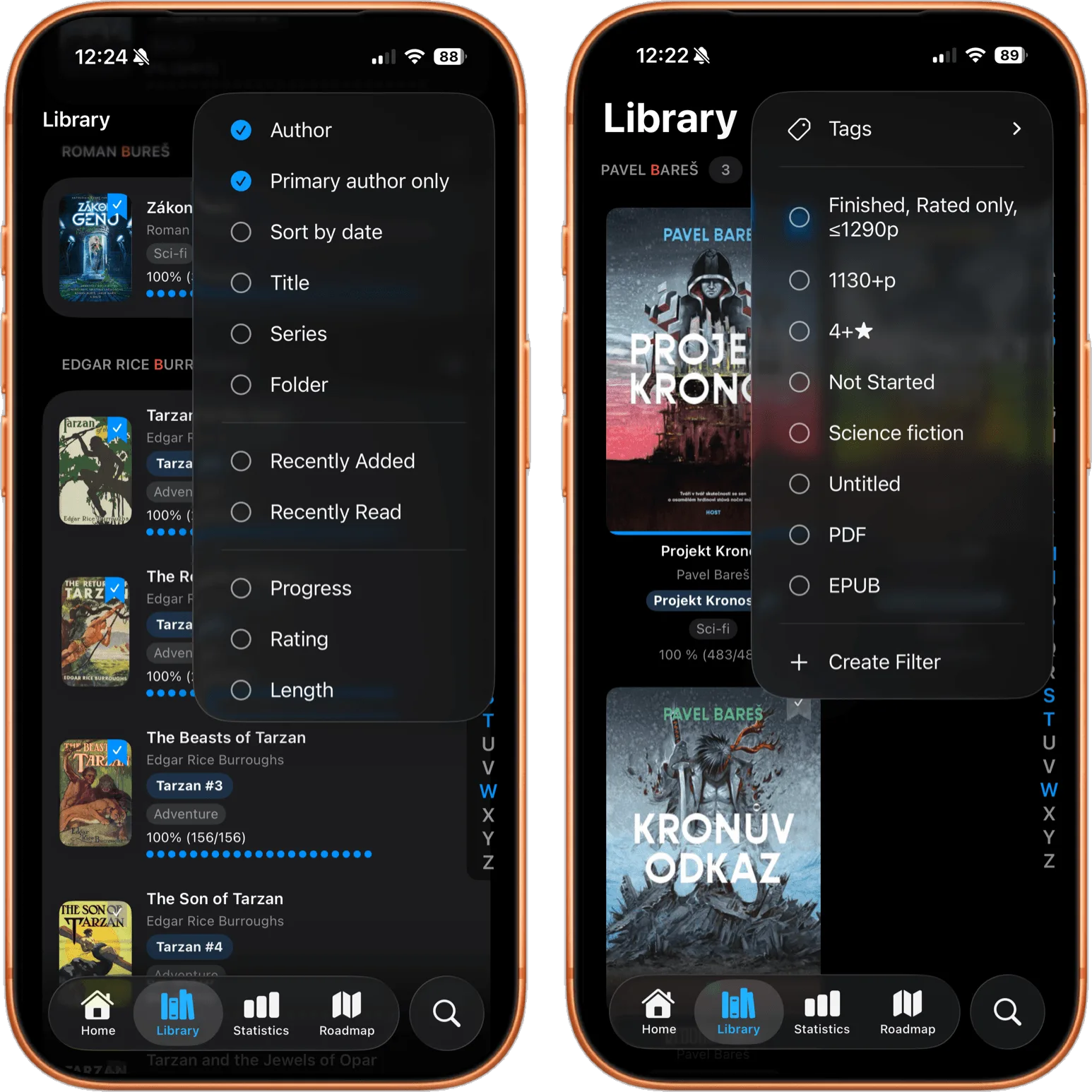 justRead.app sorting and filtering possibilities.