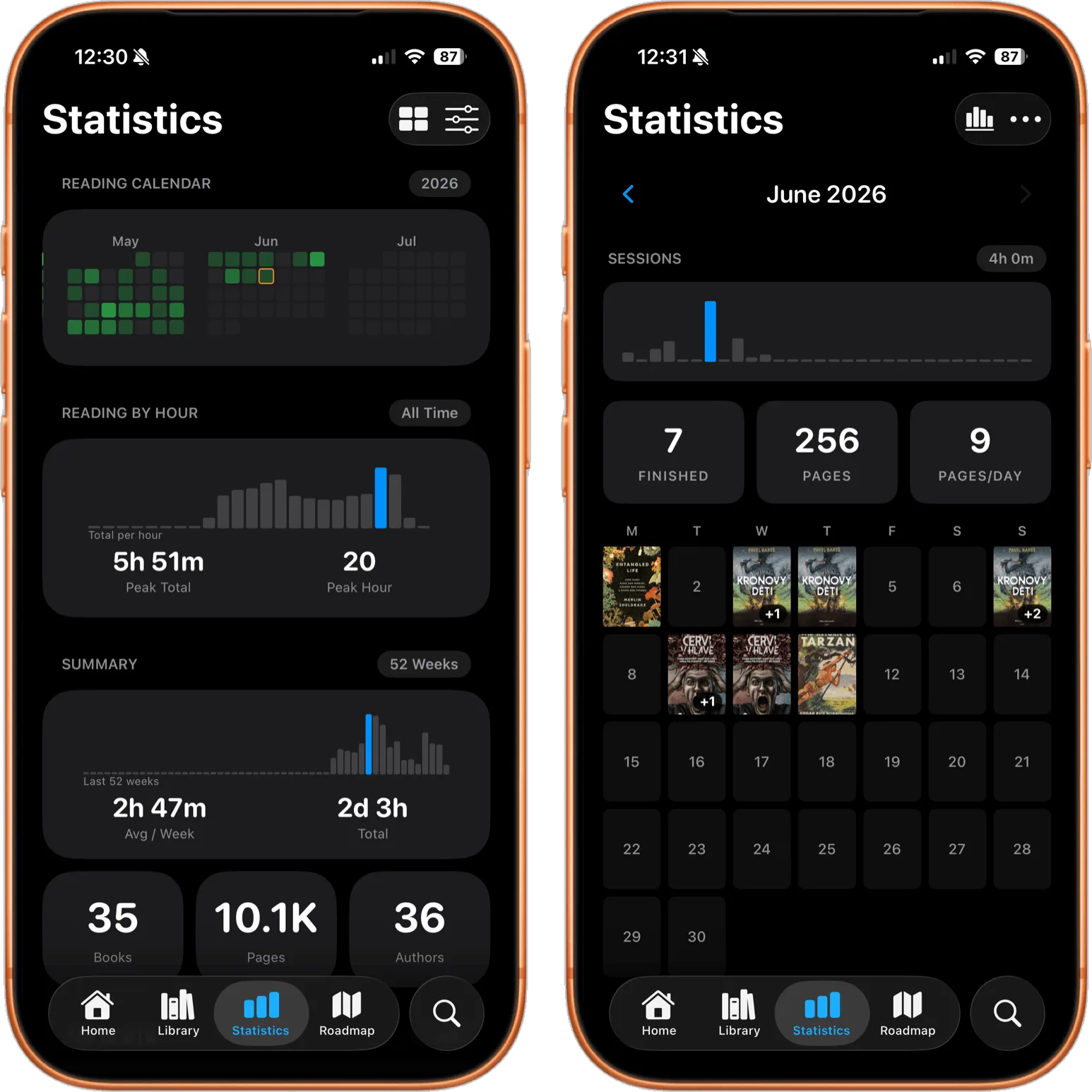 justRead.app showing statistics and recaps.