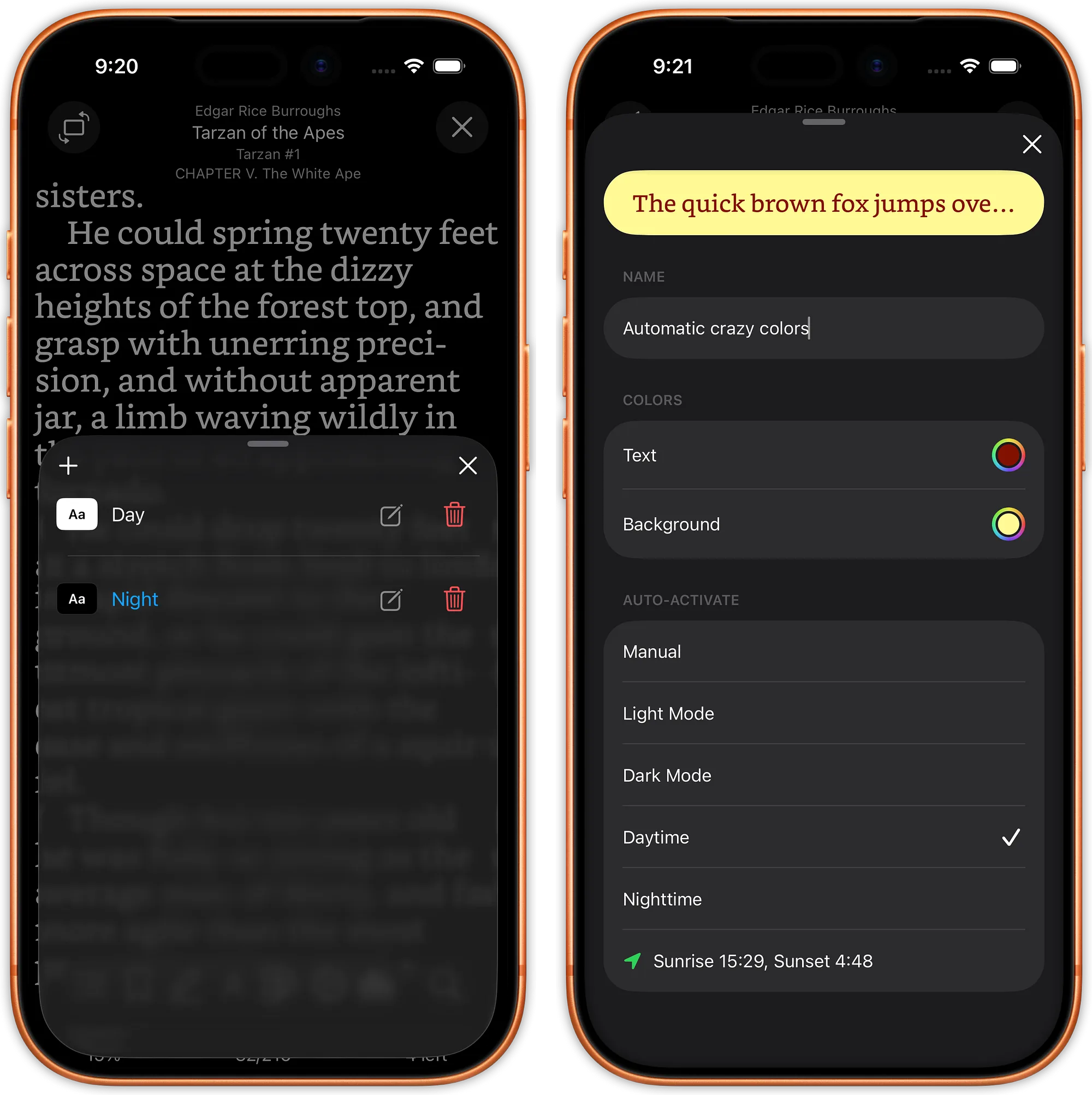 justRead.app reading colors with multiple options.