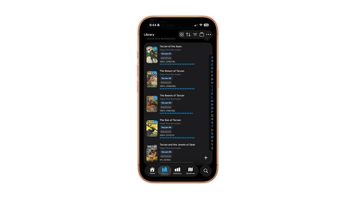 justread.app showing books imported from Calibre.