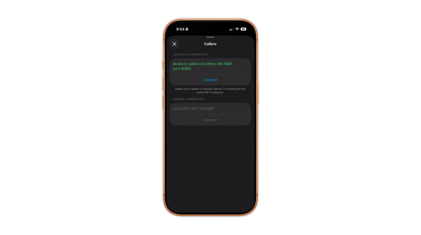 On the same network, justRead discovers your Content Server automatically.