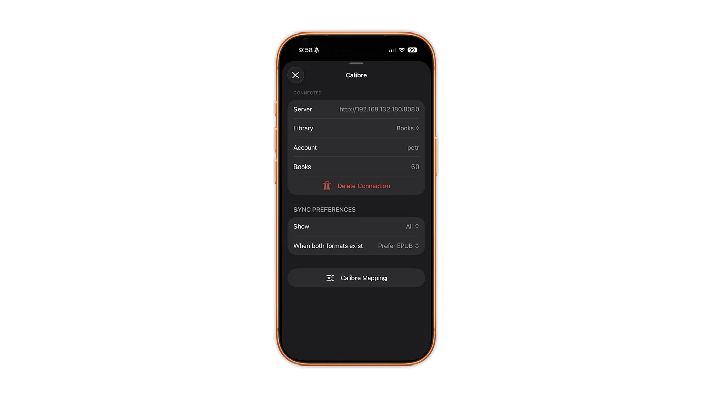 Connected, with format preferences and a library switcher.