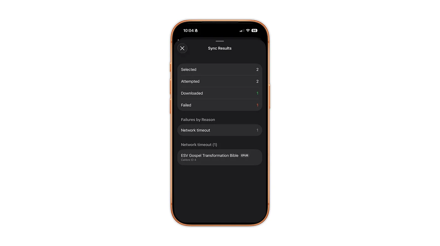 A clear report after every sync, including why anything failed (deliberate for this screenshot).