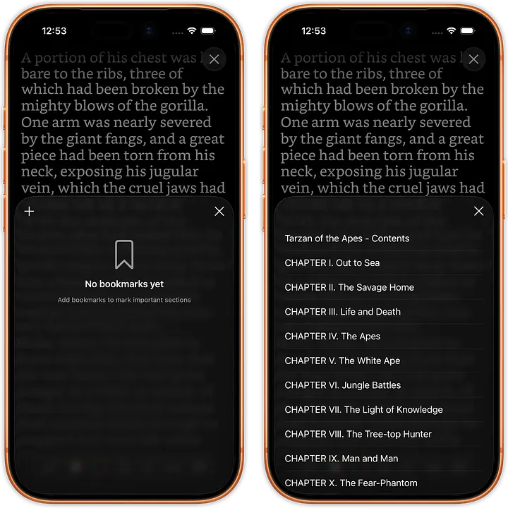Reading in portrait showing bookmarks and table of contents.