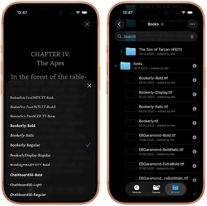 Every font saved in a folder (here named fonts) is automatically loaded to justRead for use.