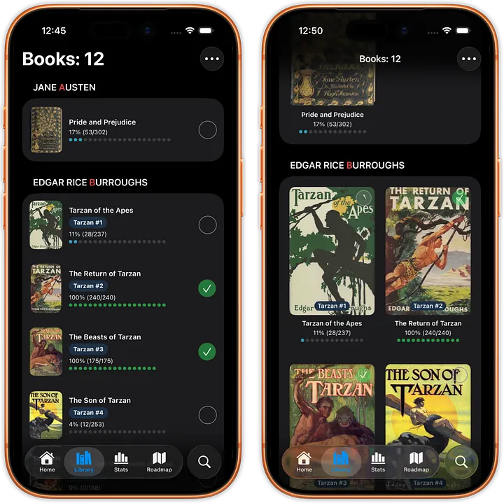 Sorting just like in a physical library. Every books displays progress, state and number of pages.