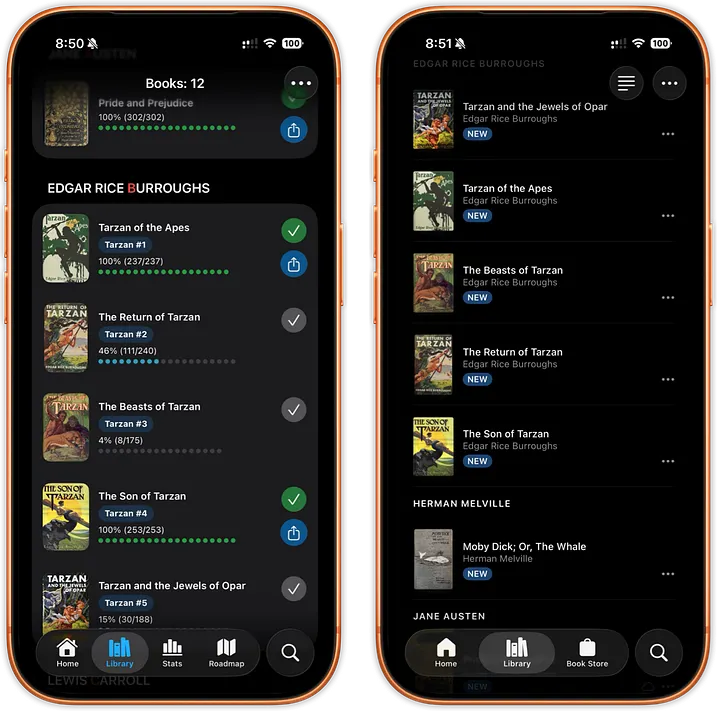 Left: justRead, Right: Apple Books