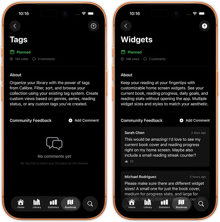 Screenshot showing actual state of justRead in-app roadmap with commenting.