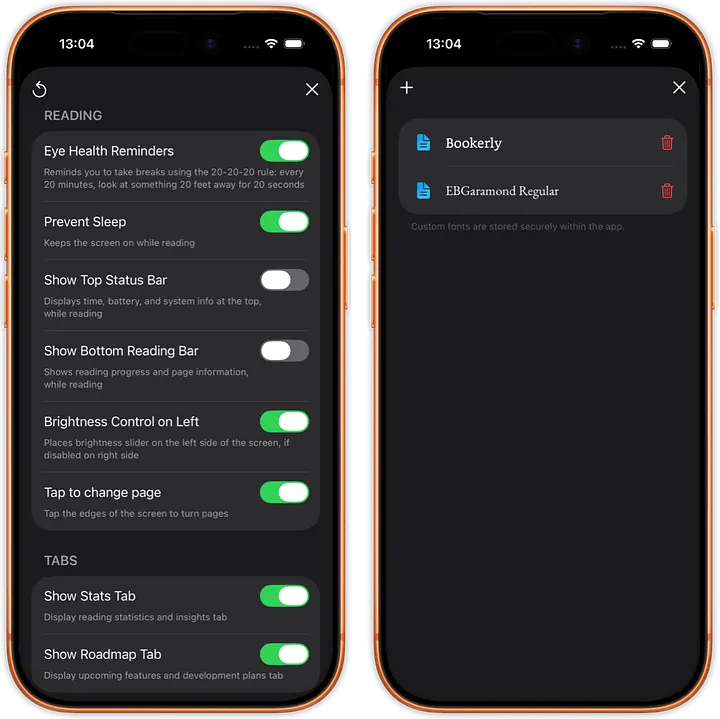 Settings and external font loading.