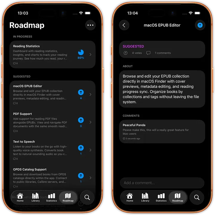 justRead roadmap with voting and commenting.